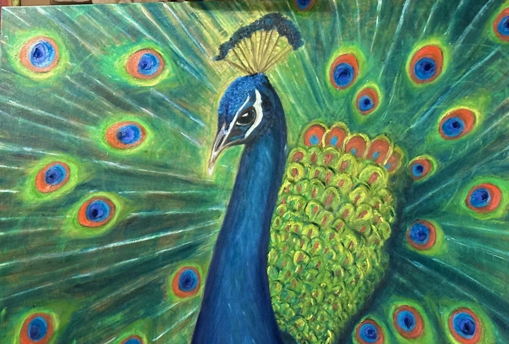 Colorful painting of a peacock with its tail feathers fanned out, displaying vibrant blue, green, orange, and yellow colors.