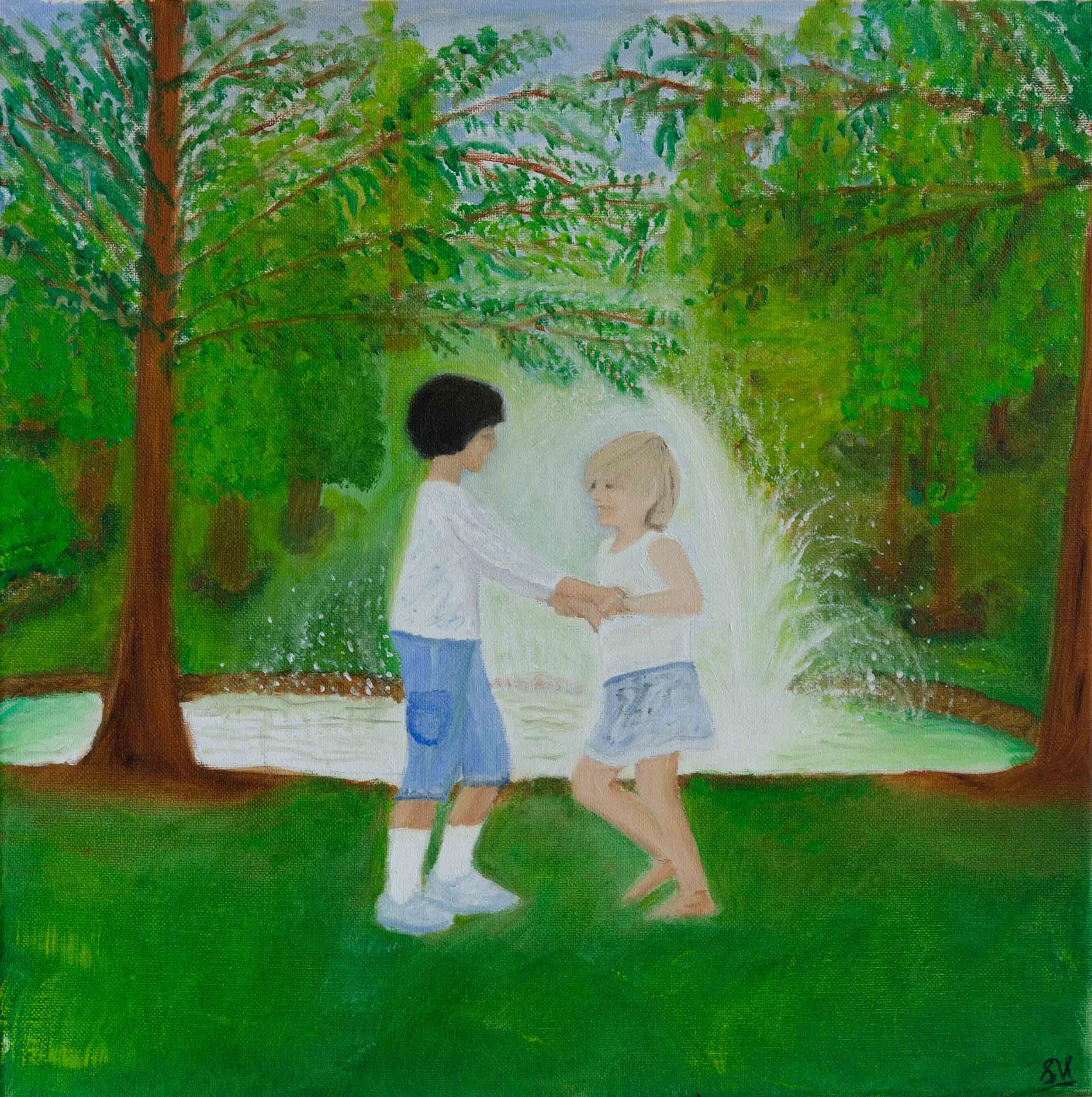 Girls Playing at the Fountain — oil on canvas, 16 × 16 in