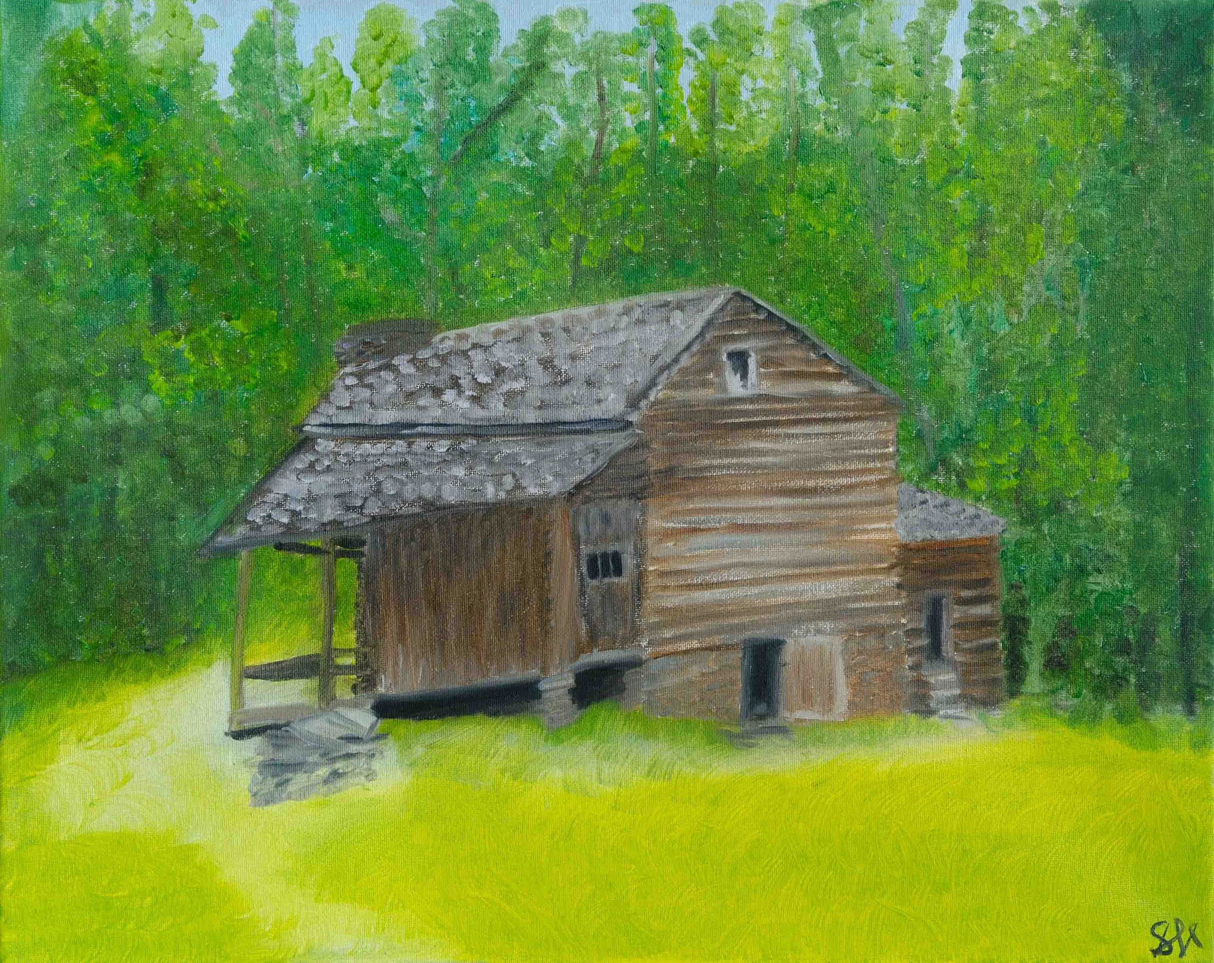 Log Cabin — oil on canvas, 16 × 20 in