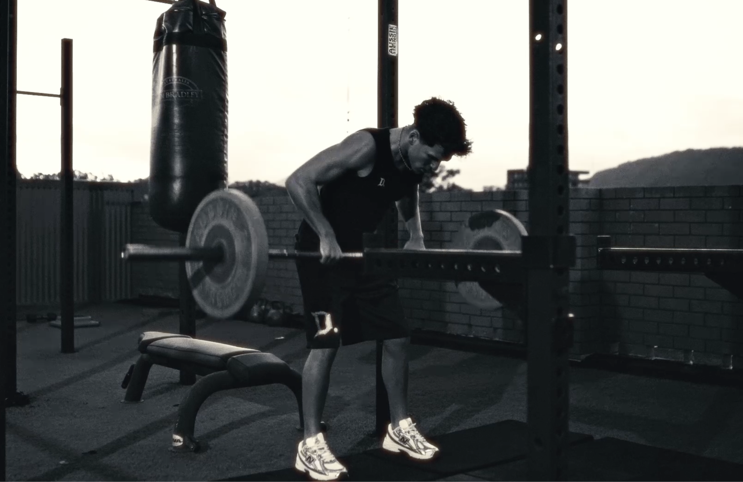 Man working out at gym, cinematic still