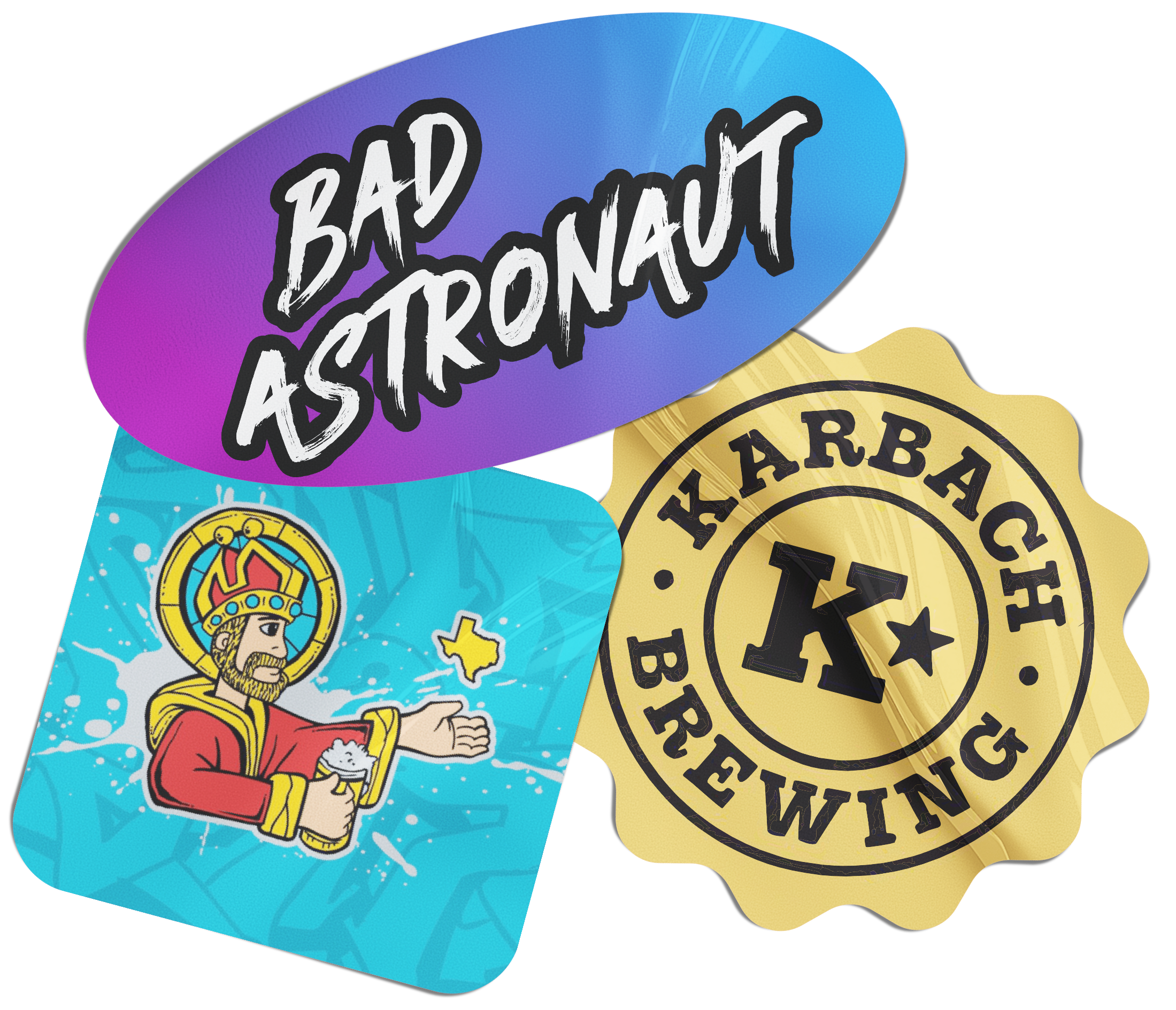 Craft brewery stickers featuring Bad Astronaut and Karbach Brewing Co.