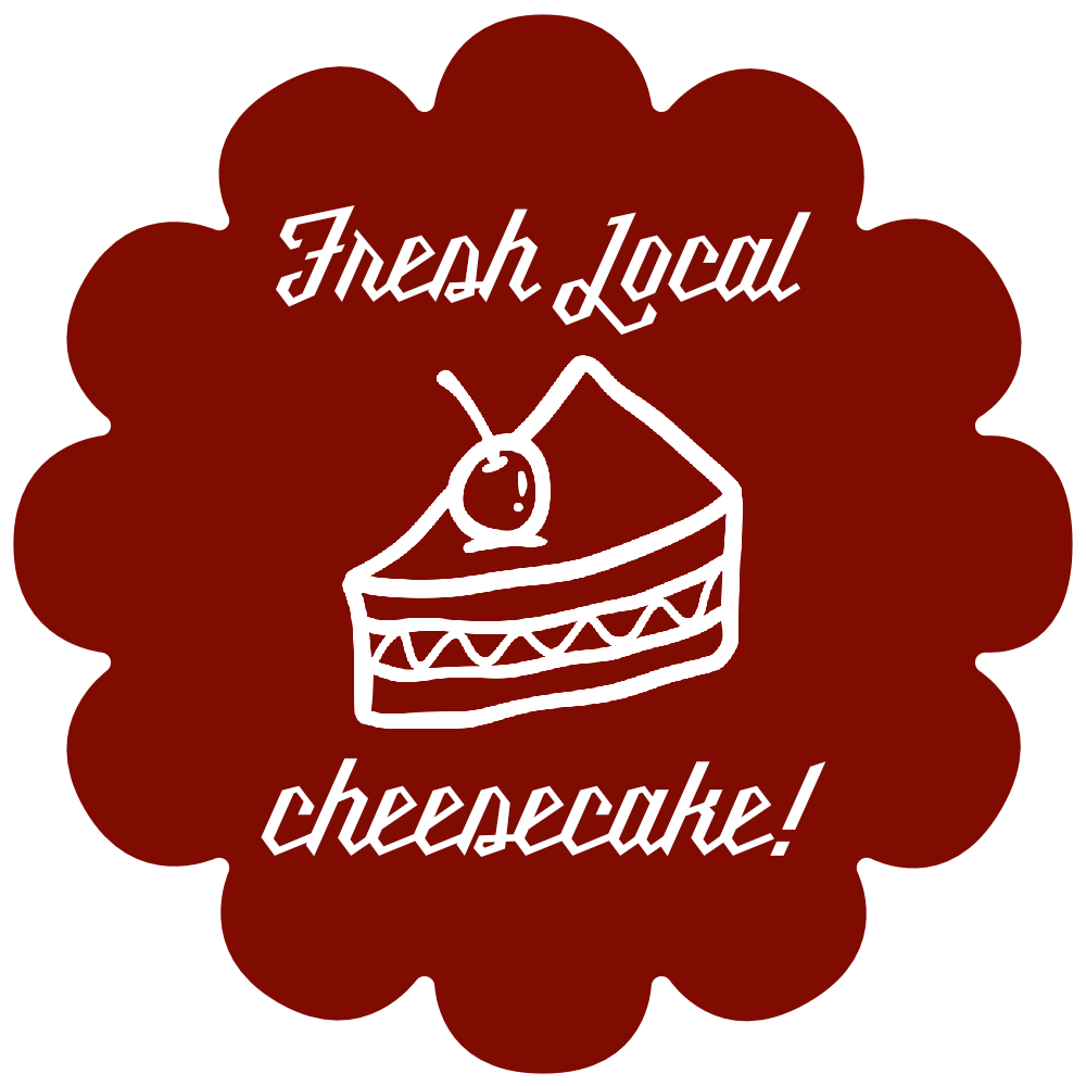 A logo with a brown background shaped like a flower, featuring a slice of cheesecake with a cherry on top. The text 'Fresh Local' is written above the cheesecake, and 'cheesecake!' below it.