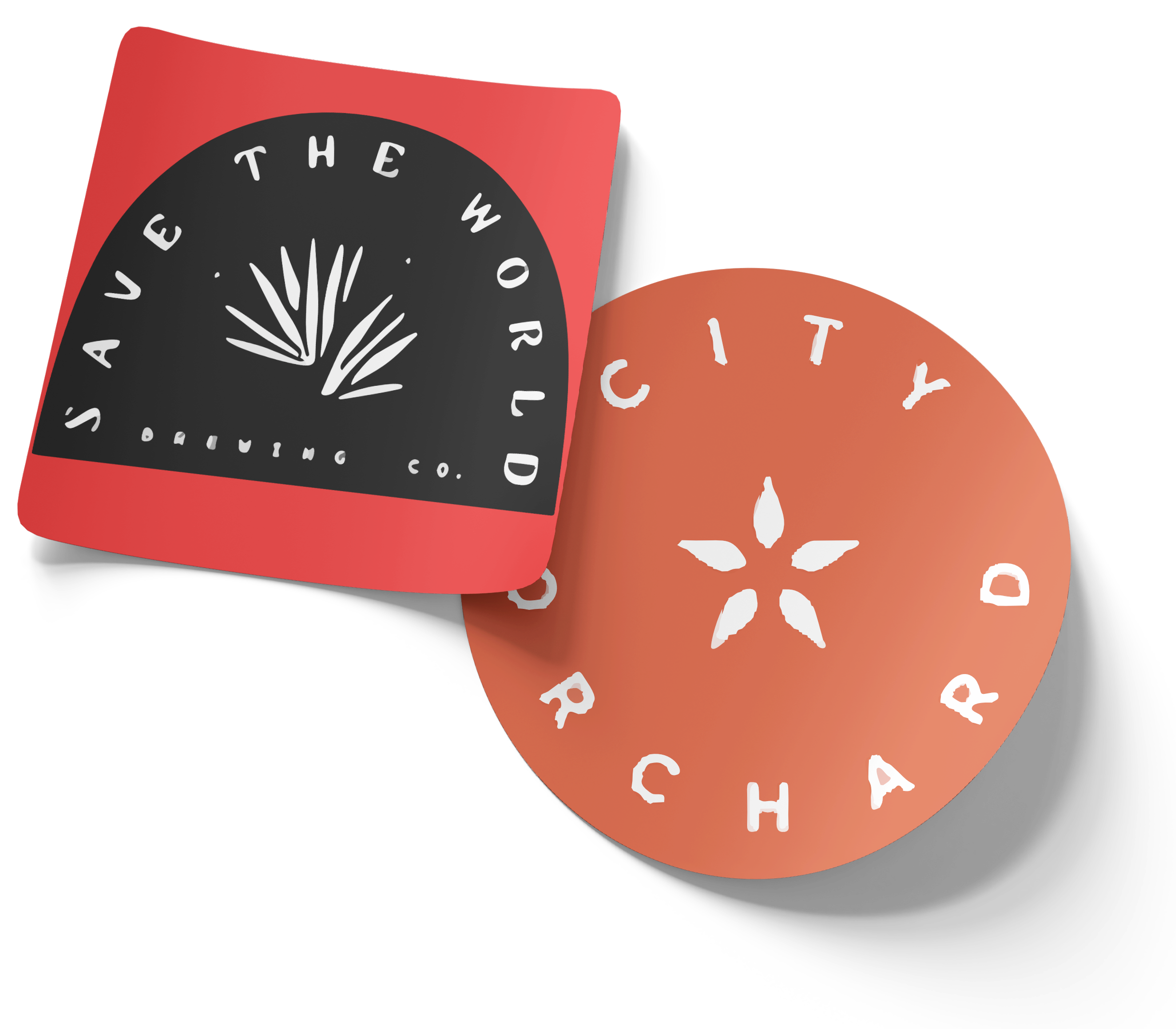 Save The World Brewing and City Orchard logos as decorative stickers.