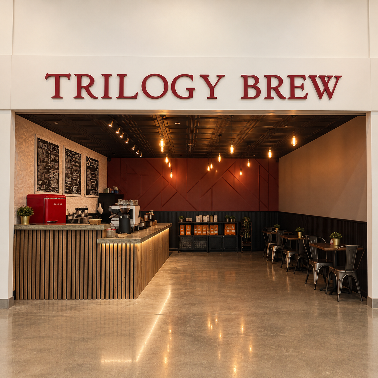 Trilogy Brew coffee shop interior with espresso counter, chalkboard menus, warm pendant lights, and café seating.