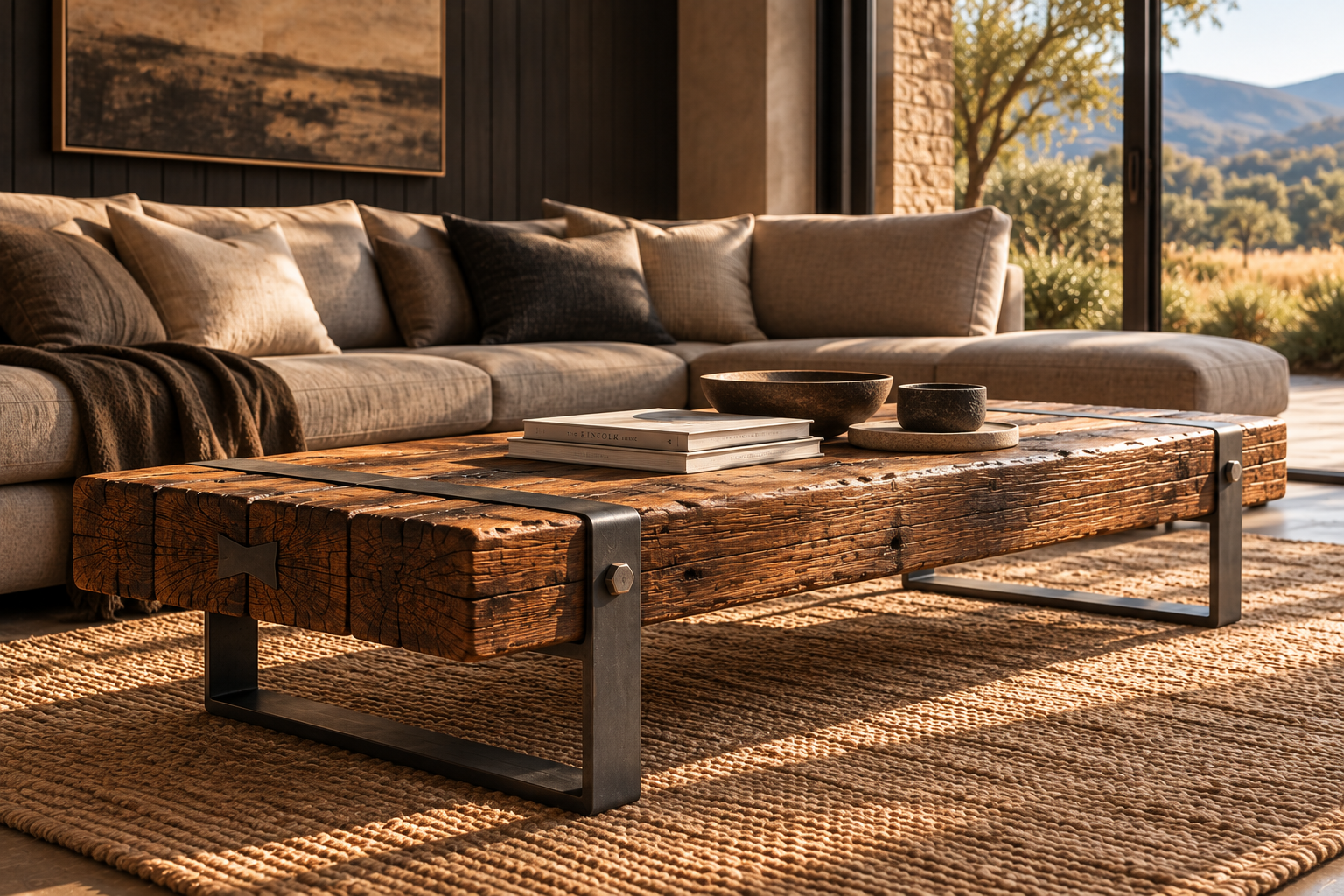 FORM Collection designer coffee table crafted from solid Australian hardwood beams with architectural black steel legs, featured in a contemporary living room.