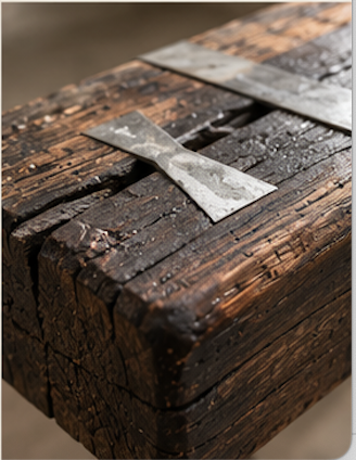 Close-up of reclaimed Australian hardwood showing weathered timber grain and original metal fittings, highlighting the character of the WHARF Collection.