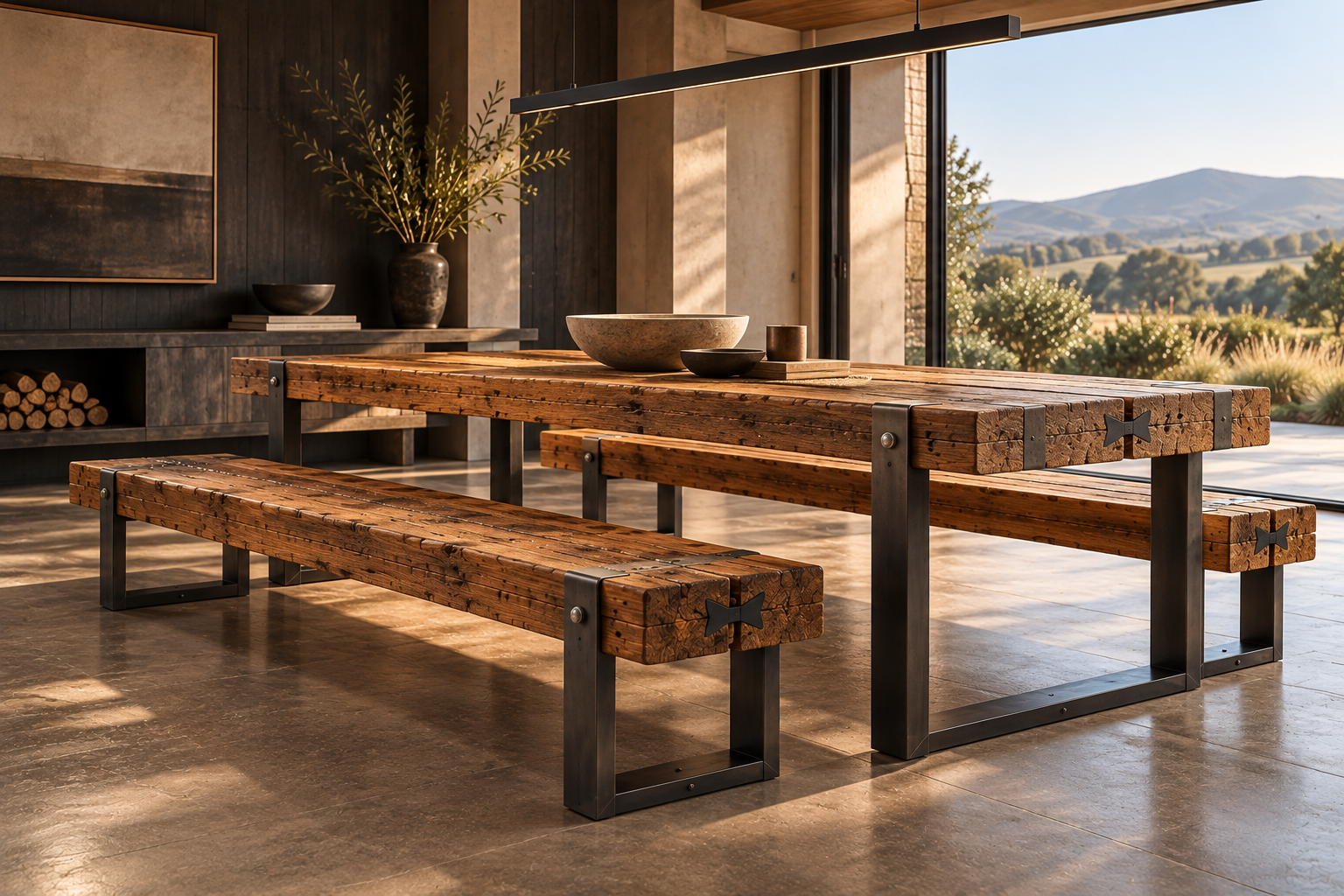 FORM designer dining set featuring a solid Australian hardwood table and matching timber benches with architectural black steel legs.