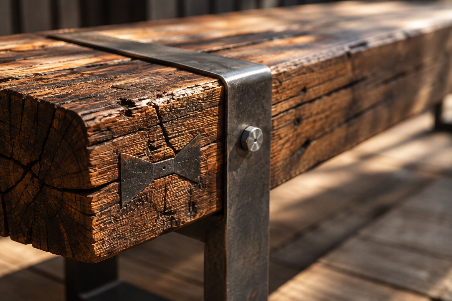 Close-up of handcrafted Australian hardwood furniture featuring decorative butterfly joinery and black steel detailing.