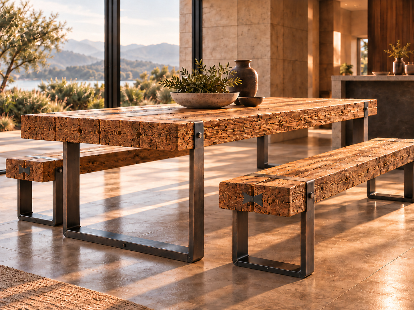 Limited edition WHARF dining set featuring a solid reclaimed Australian Eucalyptus hardwood table and matching benches with architectural black steel legs.