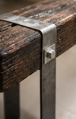 Close-up of solid reclaimed Australian hardwood furniture showing distinctive grain, architectural steel corner detailing and an exposed bolt.