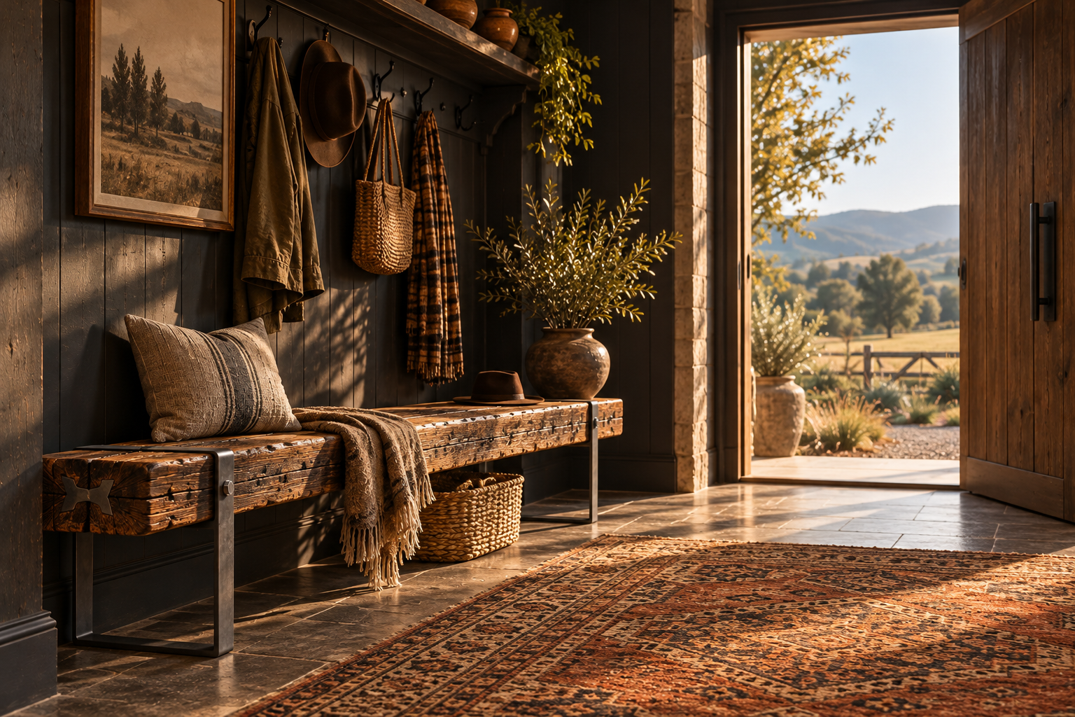Designer Australian hardwood entrance bench with black steel legs, featured in the FORM Collection by ORIGIN BY DESIGN.