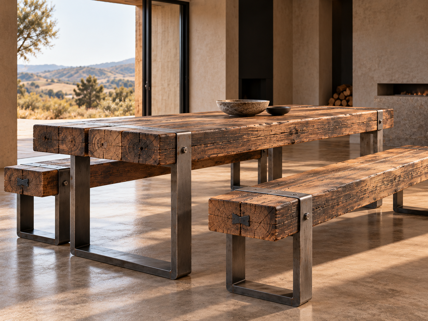 WHARF Collection limited edition dining set, featuring a reclaimed Australian Eucalyptus hardwood table and matching benches with architectural steel legs.