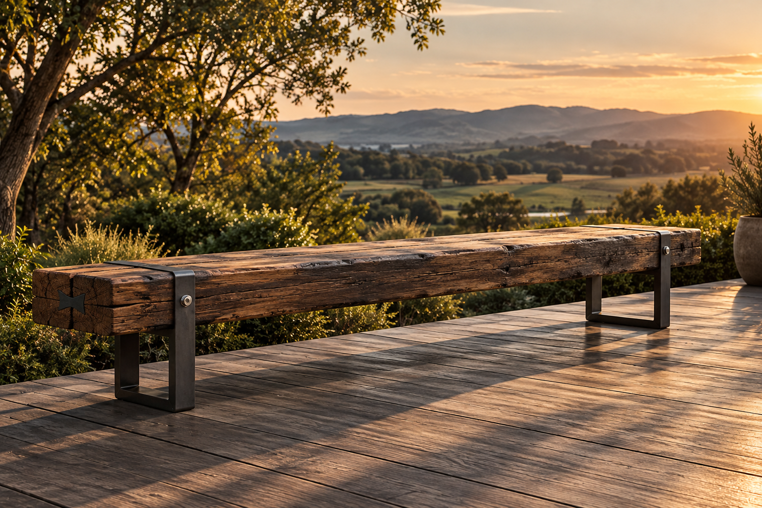FORM designer outdoor bench featuring solid Australian hardwood timber and architectural black steel legs, displayed on a timber deck.