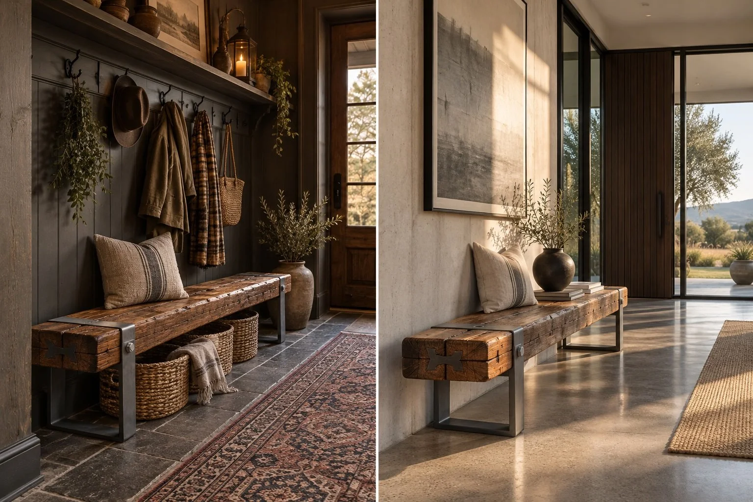 Two interior settings showcasing the FORM Collection's handcrafted Australian hardwood entrance benches with black steel detailing.