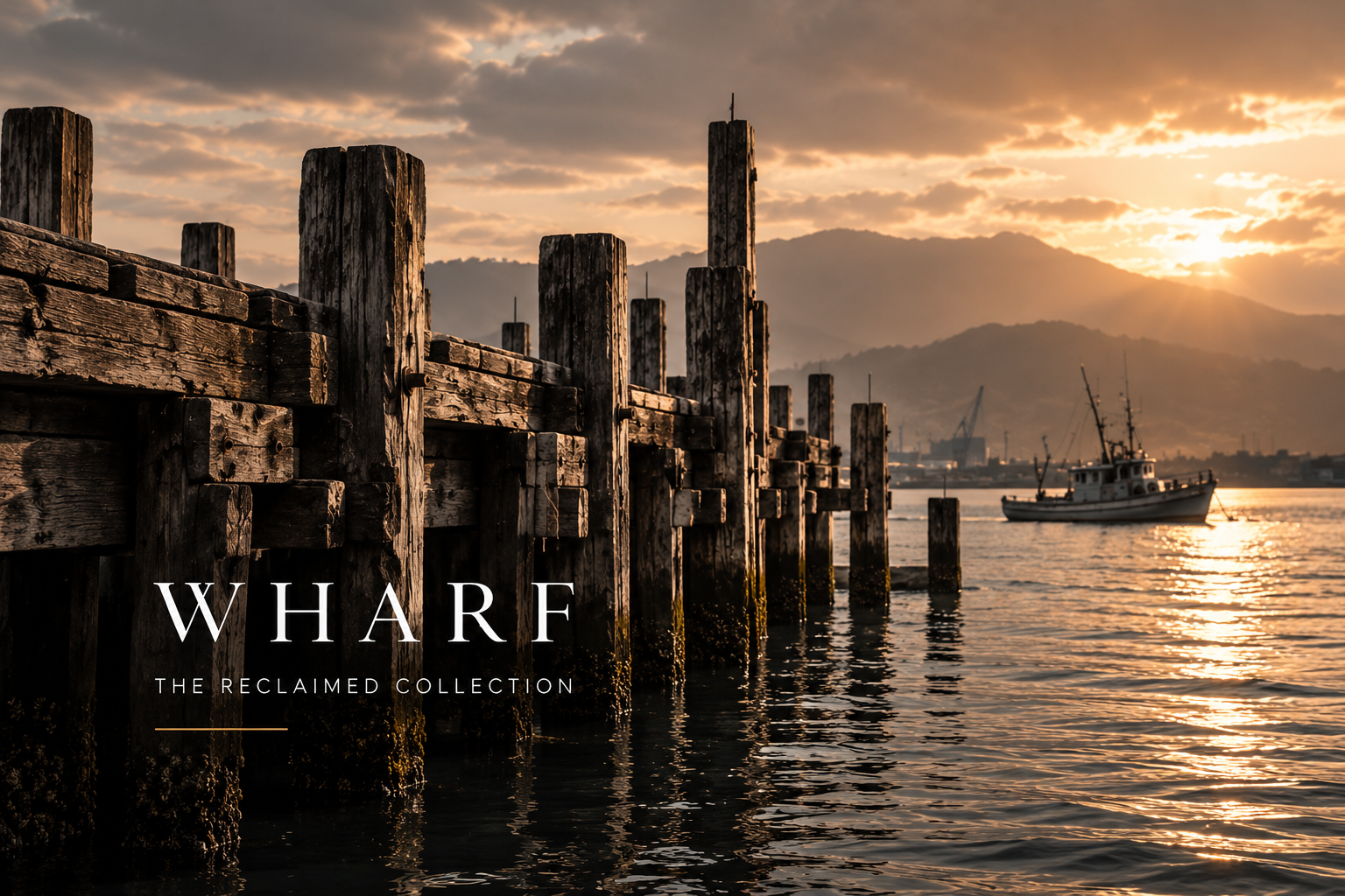 WHARF Collection by ORIGIN BY DESIGN, exclusive designer furniture handcrafted from reclaimed Australian Eucalyptus timbers sourced from historic New Zealand wharves. Historic timber wharf, the WHARF Collection of exclusive reclaimed hardwood.