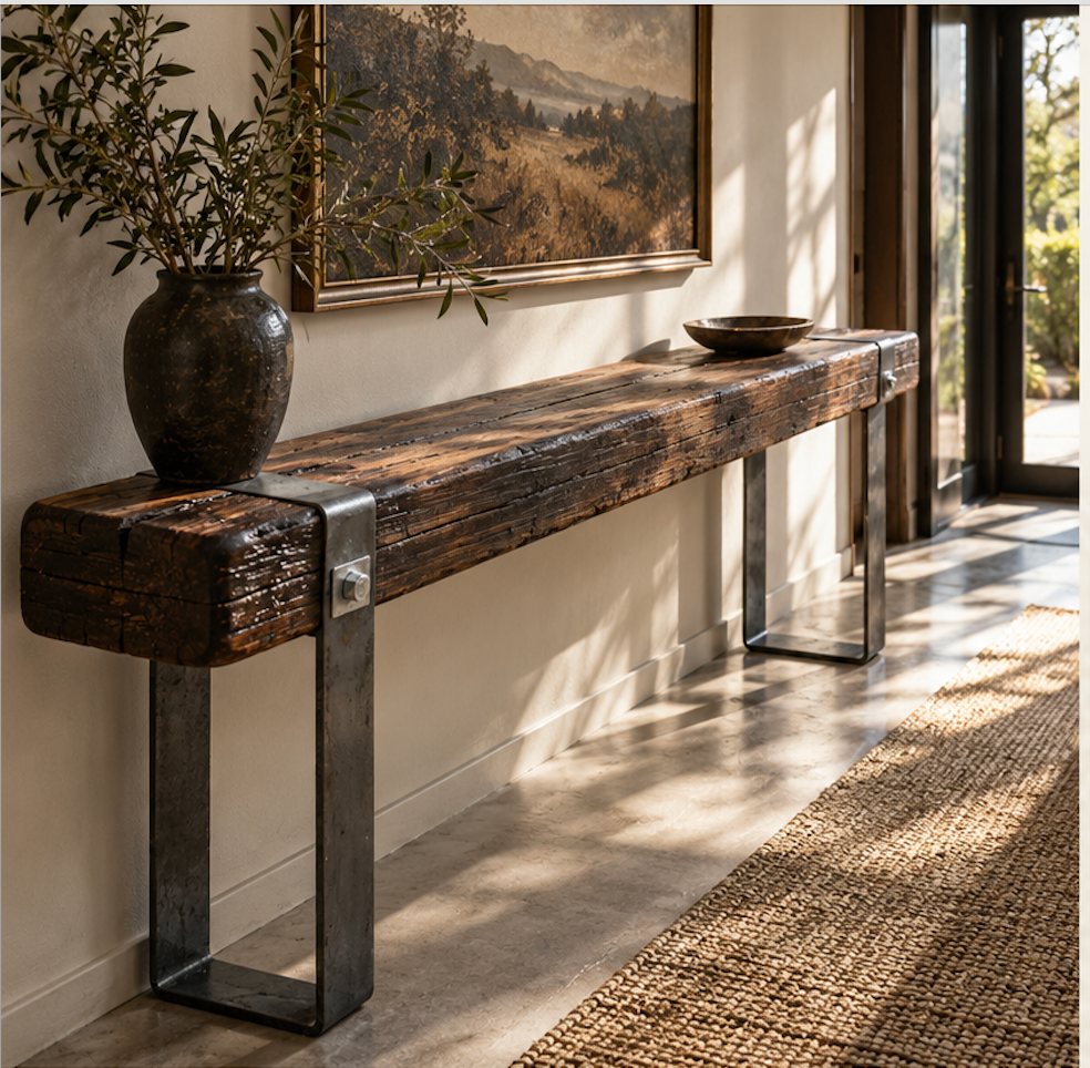 FORM designer entrance console table featuring solid Australian hardwood timber and architectural black steel legs in a contemporary home.