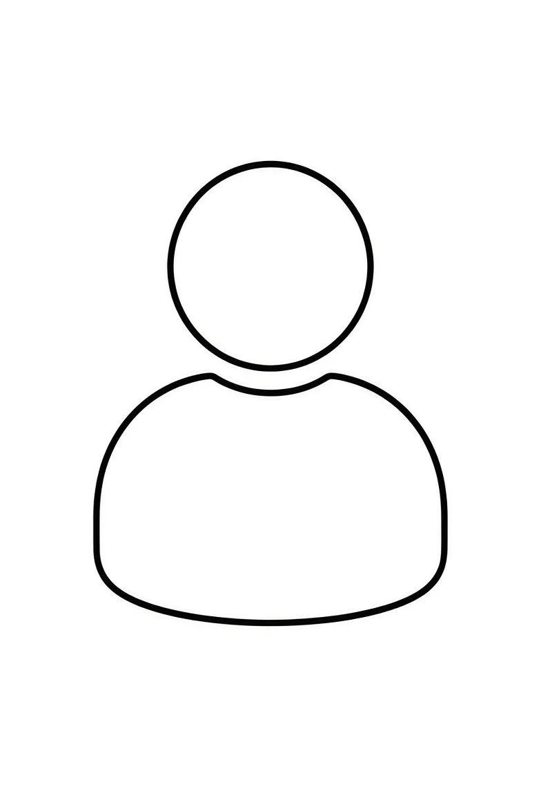 A simple black and white outline of a person with a circular head and a rounded rectangular body.
