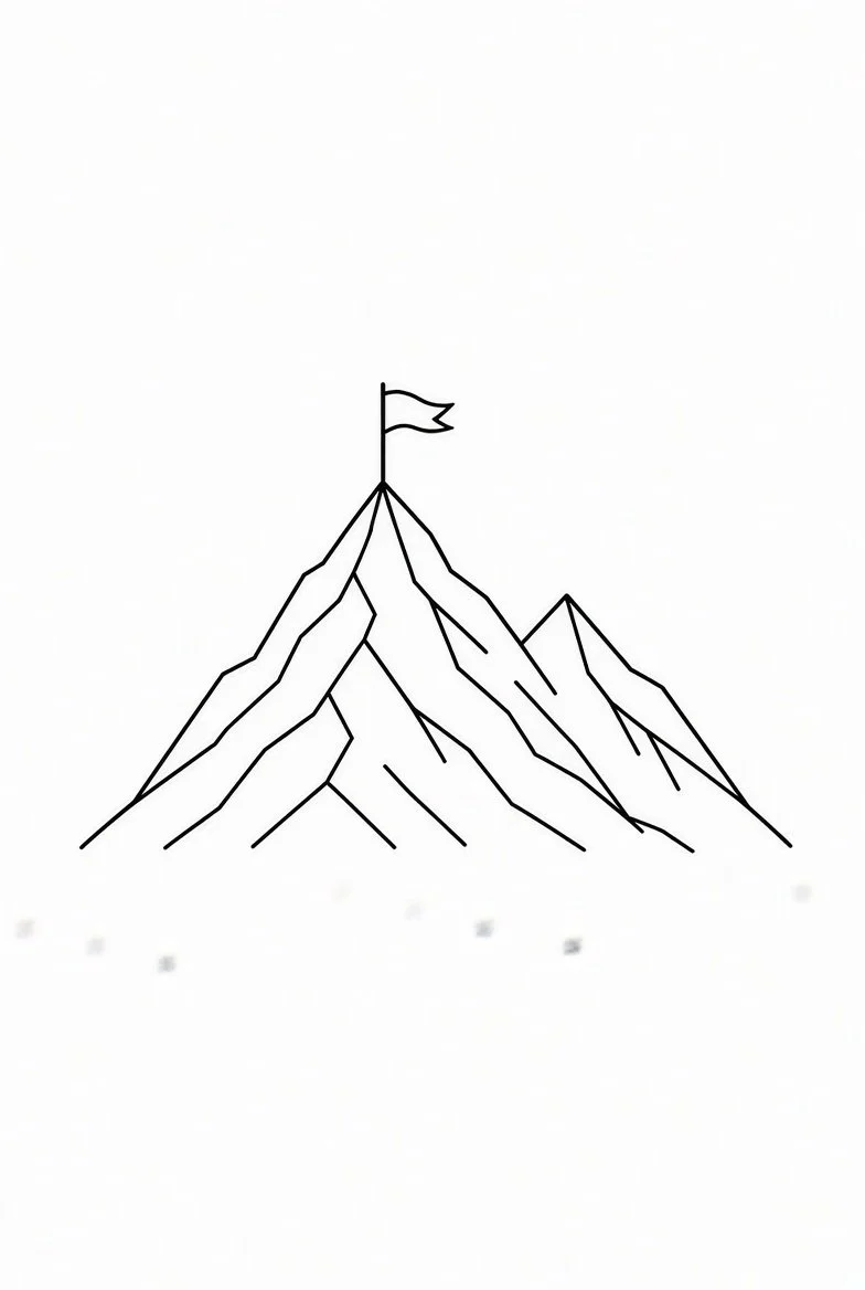 Simple black and white line drawing of a mountain with a flag at the summit.
