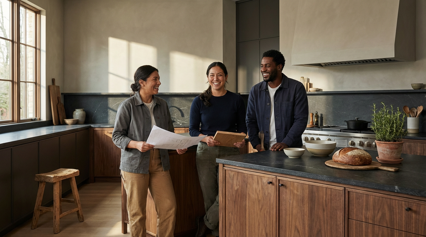 Three people, two women, one man, are standing in a modern kitchen, smiling and having a conversation. One woman is holding a large piece of paper, and the other woman is holding a small book. The man is leaning on the kitchen counter. The kitchen has dark cabinets, a black countertop, a loaf of bread, bowls, a plant, and wooden utensils, with sunlight coming through large windows.