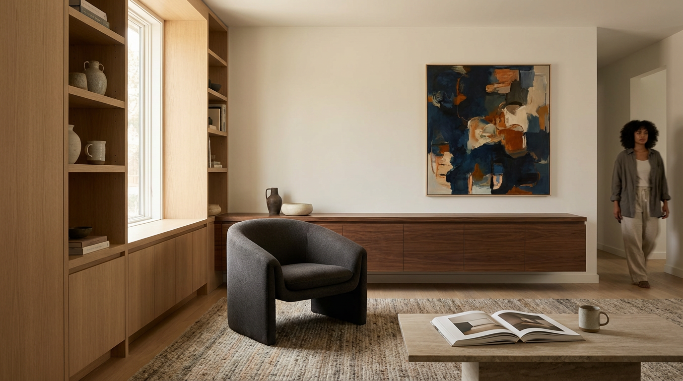 Living room with beige walls, wooden shelves on the left, a window, a gray armchair, a wooden sideboard, a colorful abstract painting on the wall, and a woman walking in the background.