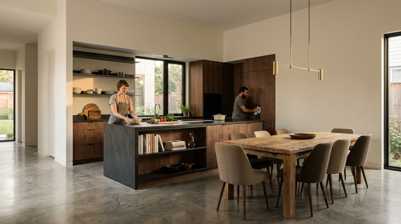 A modern kitchen and dining area with a woman preparing food at the kitchen island and a man near the stove. The space features wooden cabinets, open shelves, and large windows, with a wooden dining table and beige chairs.