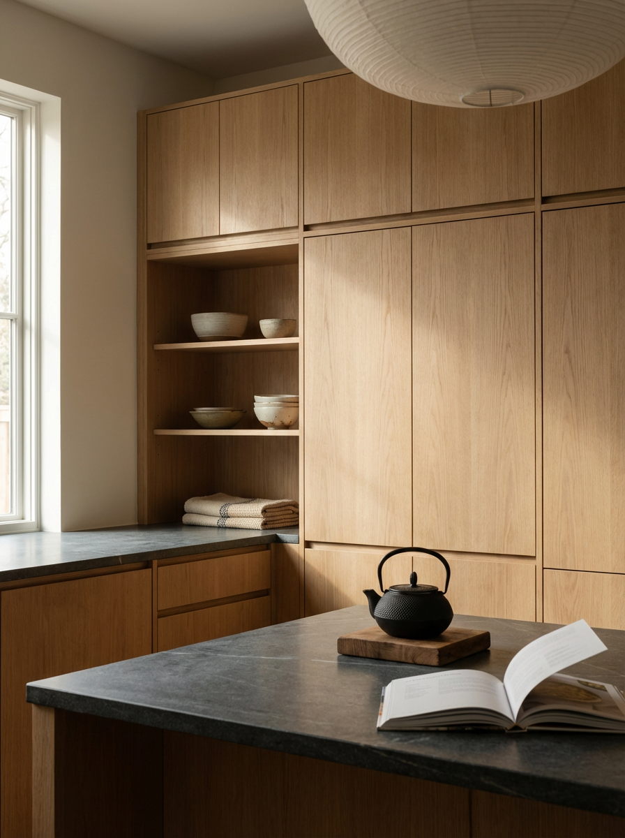A kitchen with wooden cabinets, black countertop, a teapot on a wooden board, open book, towels, bowls on open shelves, and a window.