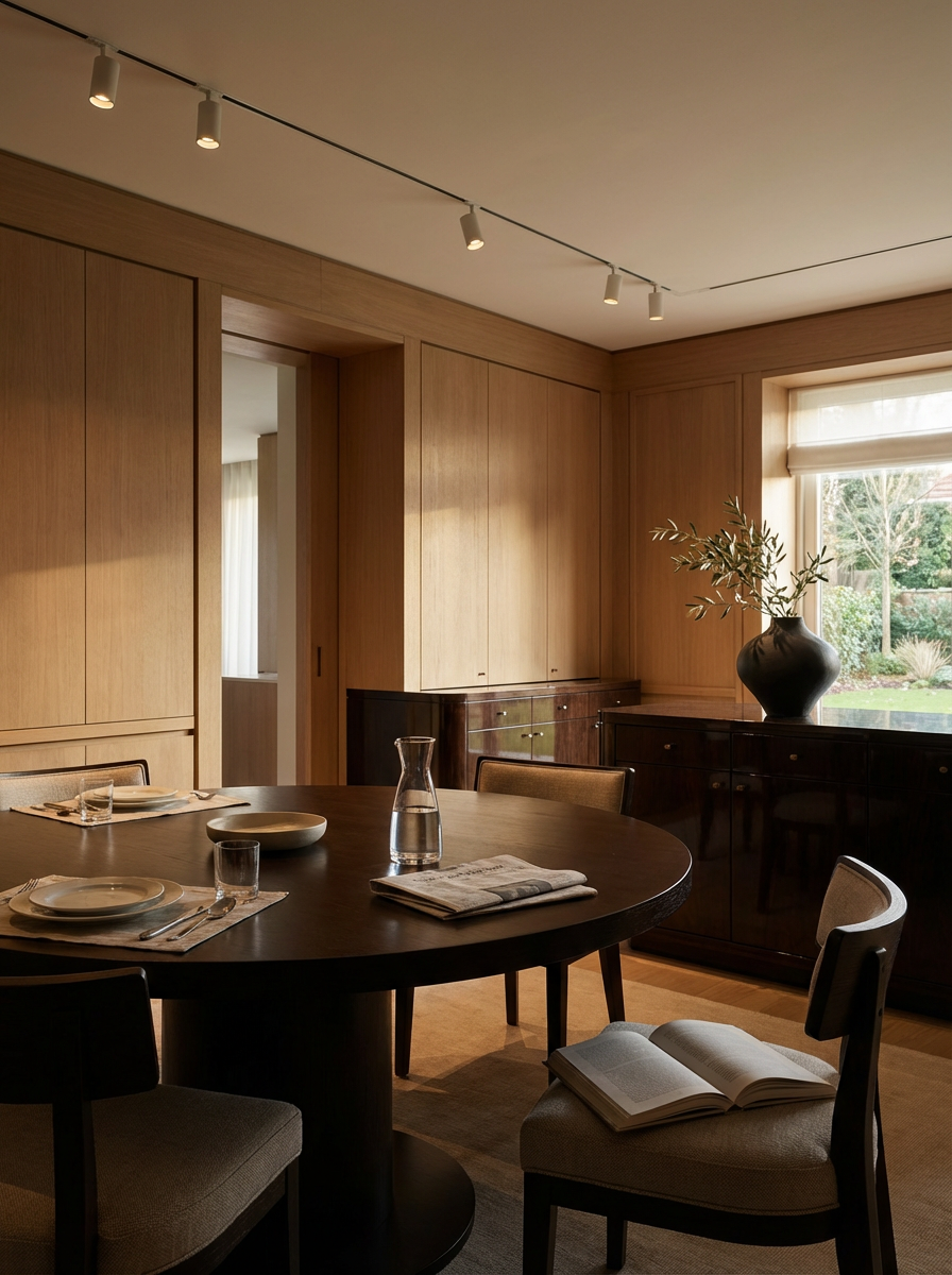 A dining room with a dark wooden round table set with plates, glasses, and a water pitcher. Four chairs surround the table, with one having an open book. A large window with a view of greenery and a black vase with greenery is on the side. Wood-paneled walls and ceiling-mounted track lighting are visible.