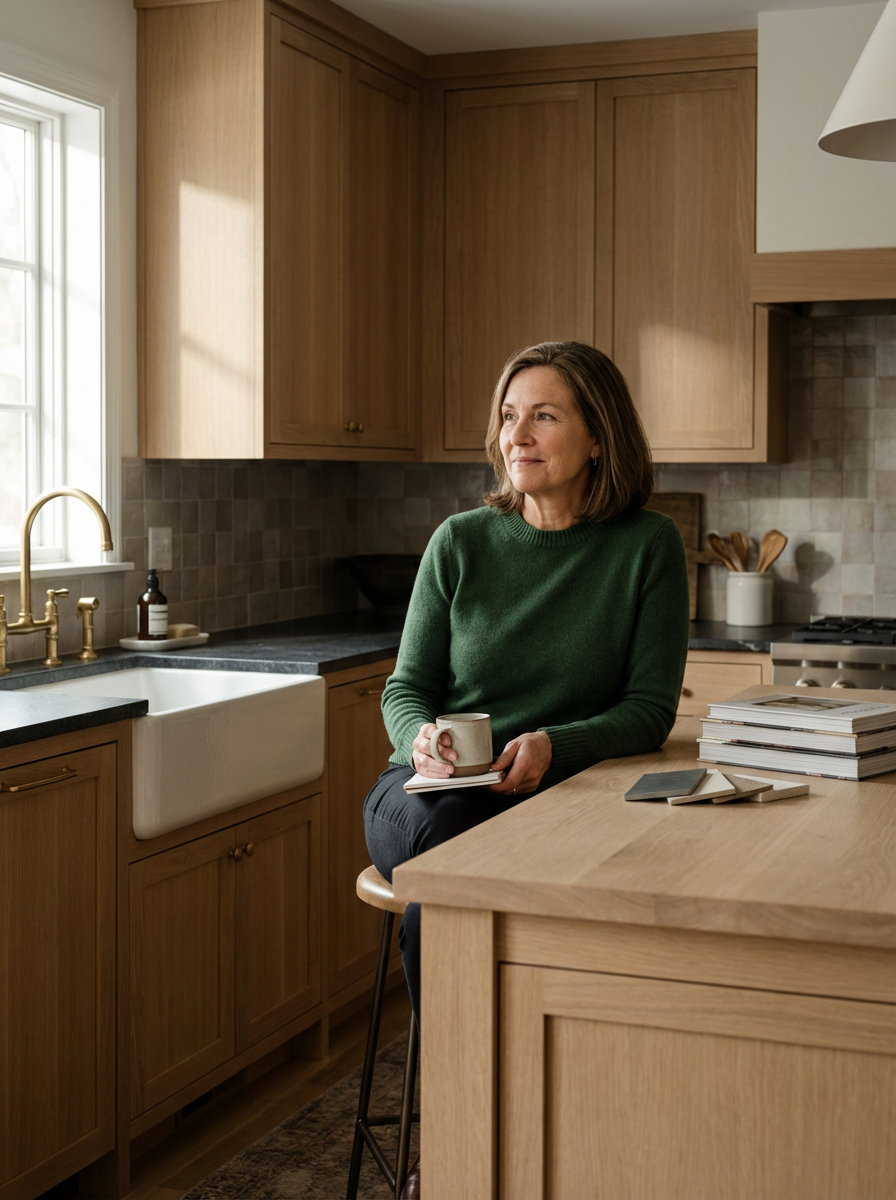 A woman sitting on a stool in a modern kitchen, holding a mug and looking thoughtfully out of a window to her left. She has shoulder-length brown hair and wears a green sweater. The kitchen features wooden cabinets, a white farmhouse sink, and a countertop with a few books and a smartphone.