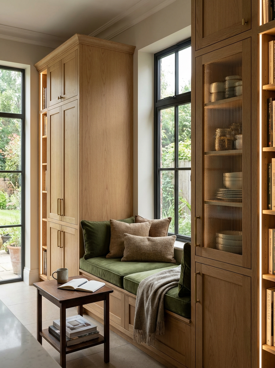 A cozy built-in window seat with green cushions and brown pillows, illuminated by natural light from large black-framed windows. Beside the seat is a small wooden table with books and a mug, surrounded by wooden cabinetry with glass-paneled doors displaying dishes and books.