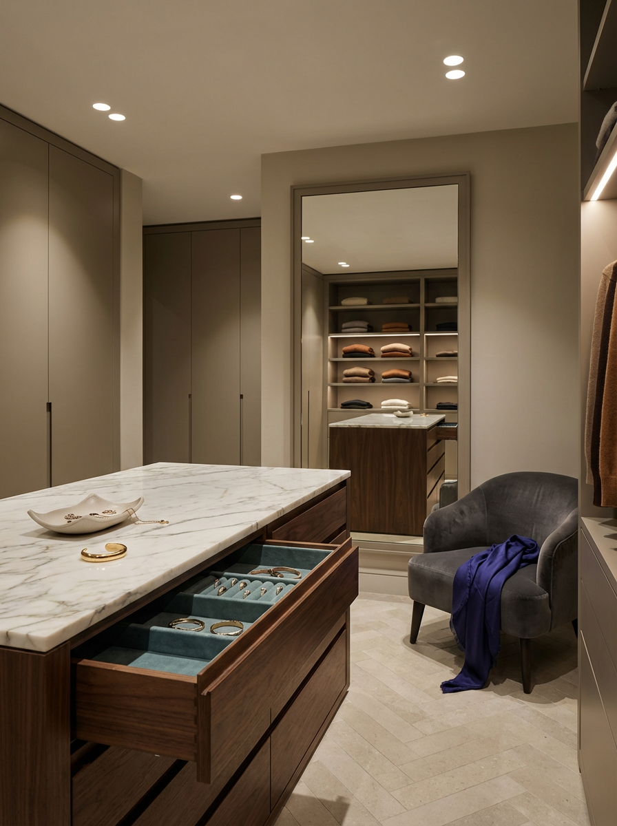 Luxury walk-in closet with marble-topped jewelry drawer, gray armchair with blue fabric, open shelving with folded clothes, and closed storage cabinets.
