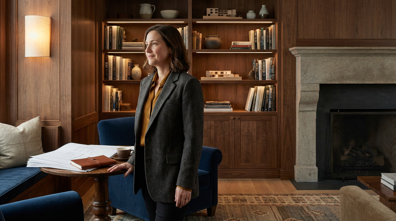 A woman dressed in a gray blazer and yellow shirt standing in a cozy, wood-paneled room with bookshelves, a stone fireplace, and a round table with documents, a cup, and a wallet.
