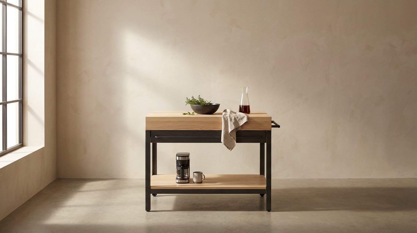 A minimalist kitchen island with wood top and black metal frame, holding a bowl of greens, a glass jar of red liquid, a cloth, a coffee maker, and a mug, against a beige textured wall near a window.