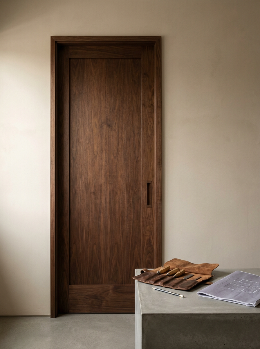 A wooden sliding door in a room with a white wall, a gray surface, a leather tool roll with tools, and a blueprint on top.