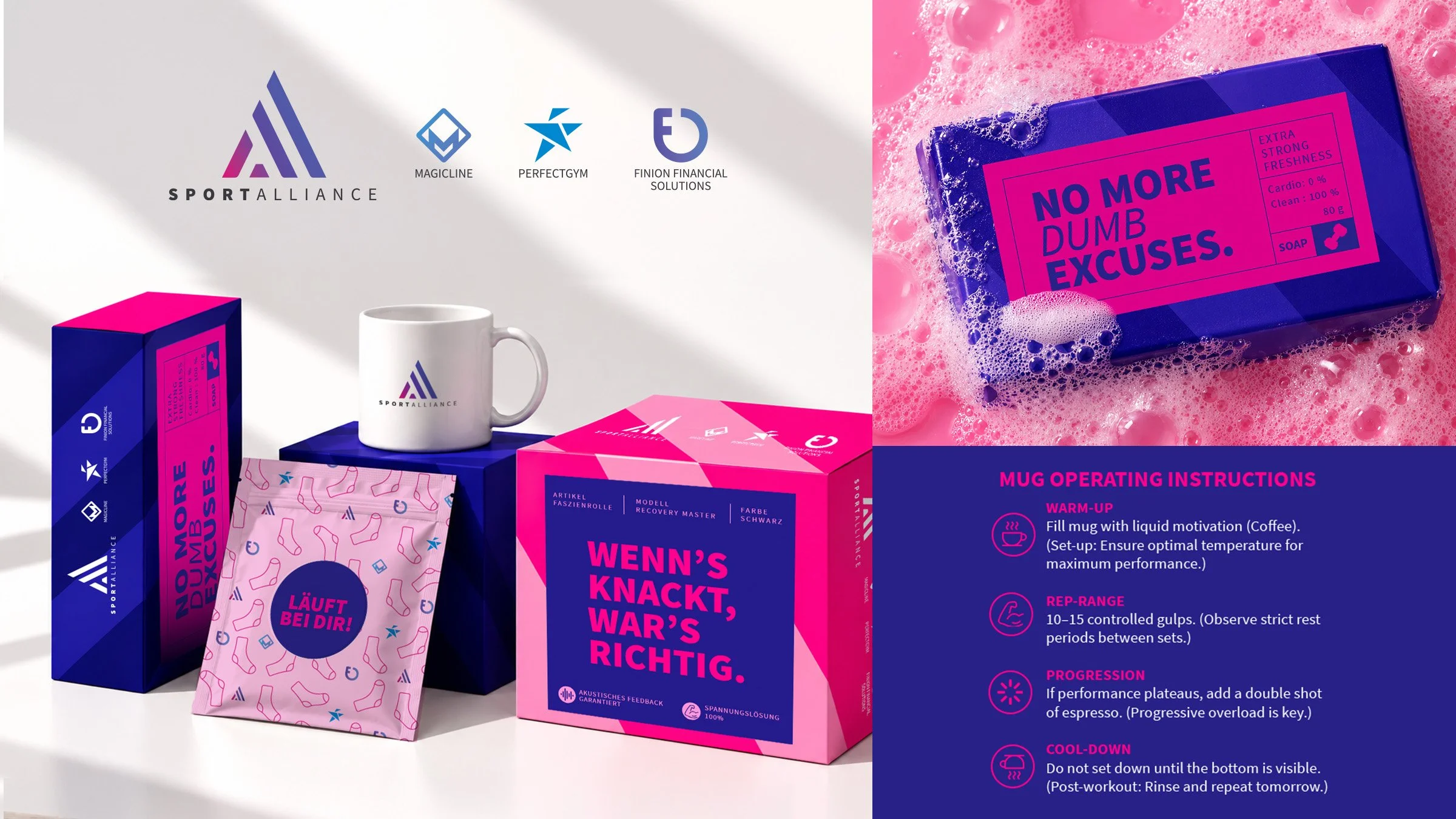 FIBO 2026 exhibition stand concept for Sport Alliance, showcasing multiple fitness software brands through a cohesive booth design, branded graphics and custom giveaway packaging.