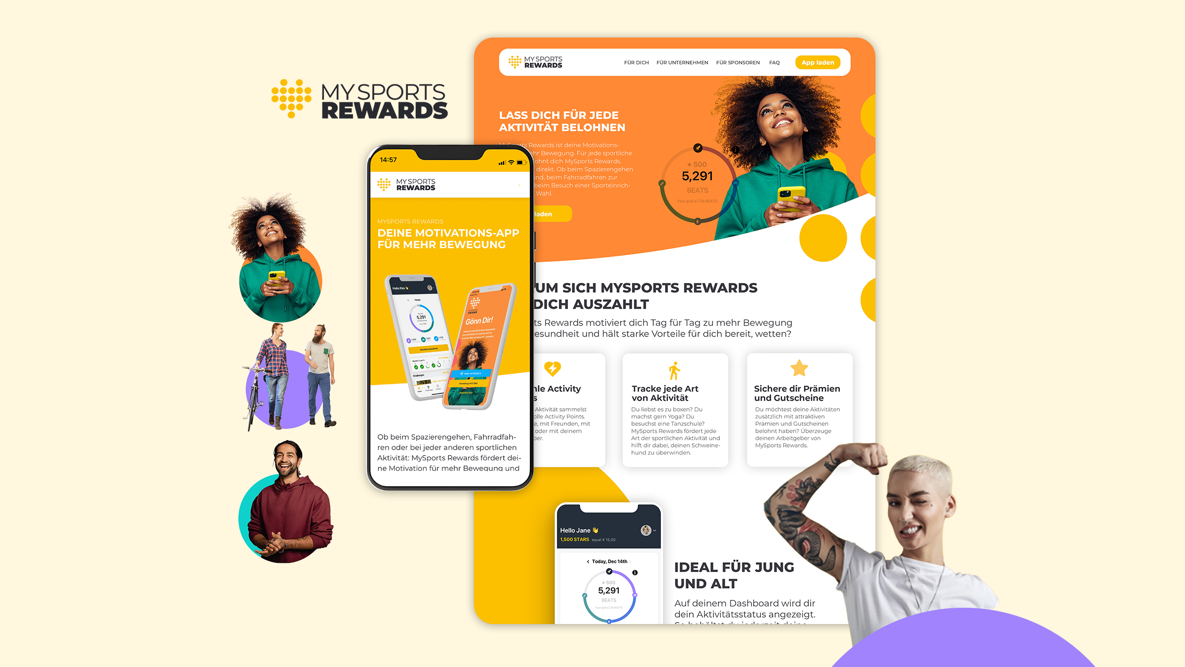 Responsive website design for MySports Rewards, showing desktop and mobile layouts, app screens and colorful fitness imagery.