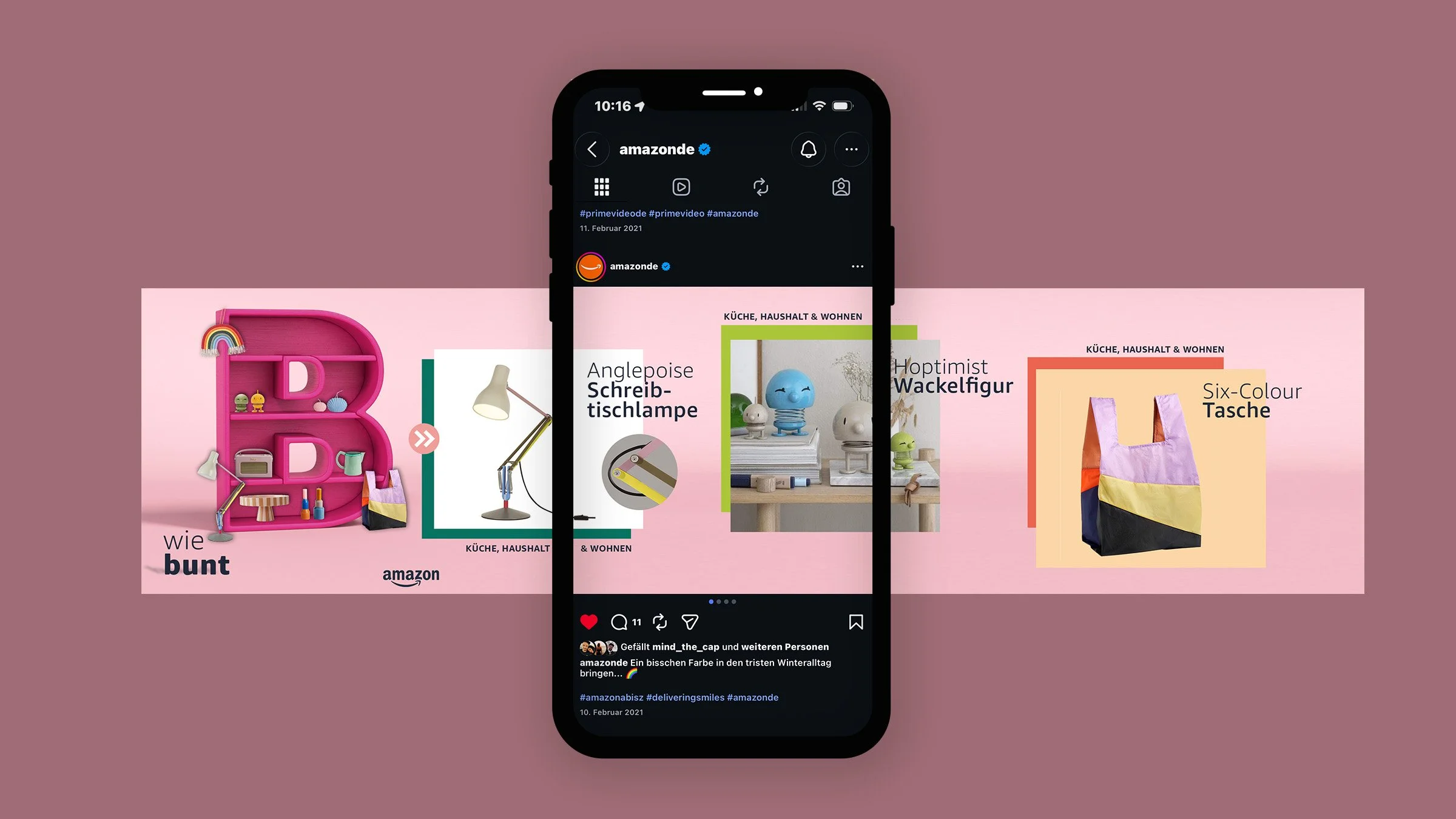 Amazon Instagram carousel design featuring a playful pink 3D letter filled with curated products and colorful product showcases.