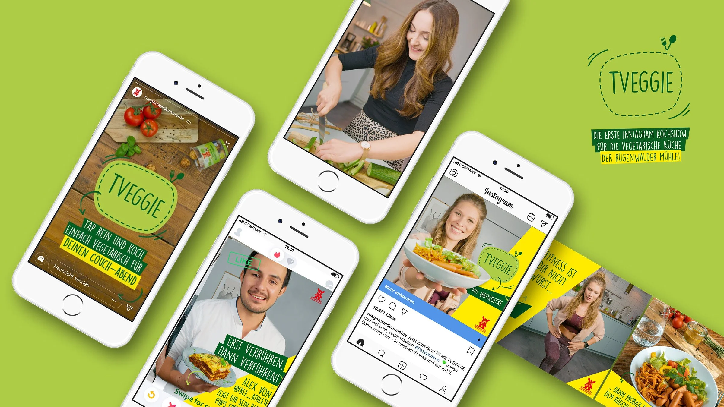 TVeggie Instagram cooking show campaign for Rügenwalder Mühle, featuring vegetarian recipes, interactive Instagram Stories and influencer collaborations.