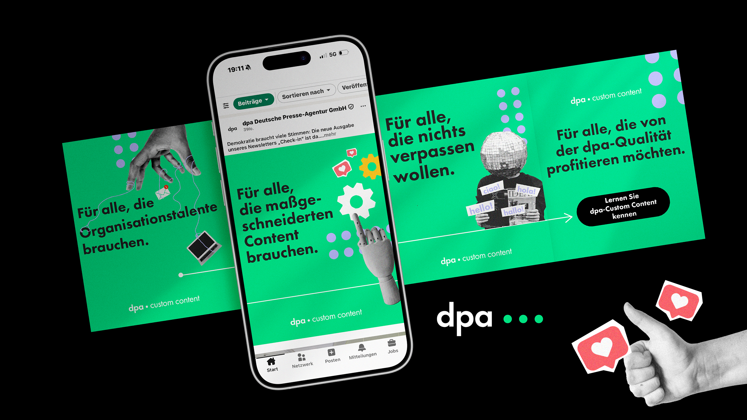 Social media designs for dpa featuring a distinctive collage-inspired visual style, combining photography, typography and graphic elements.