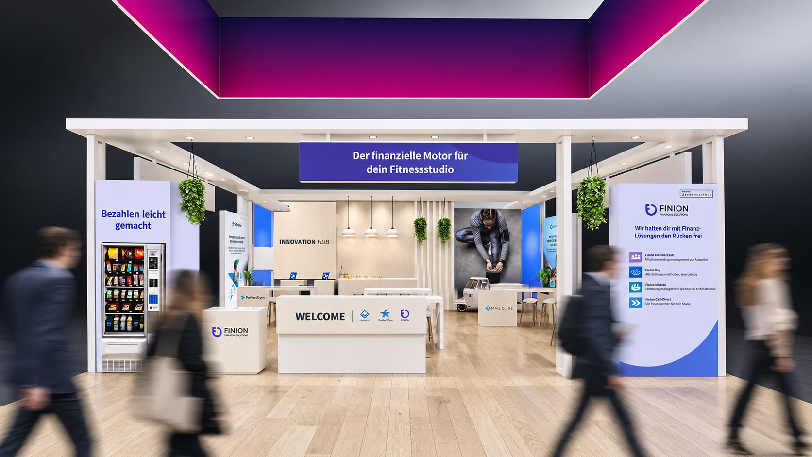 FIBO 2026 exhibition stand concept for Sport Alliance, showcasing multiple fitness software brands through a cohesive booth design, branded graphics and custom giveaway packaging.