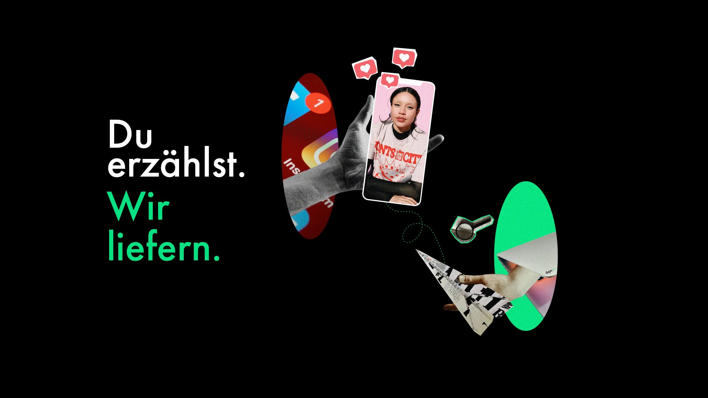 Social media designs for dpa featuring a distinctive collage-inspired visual style, combining photography, typography and graphic elements.