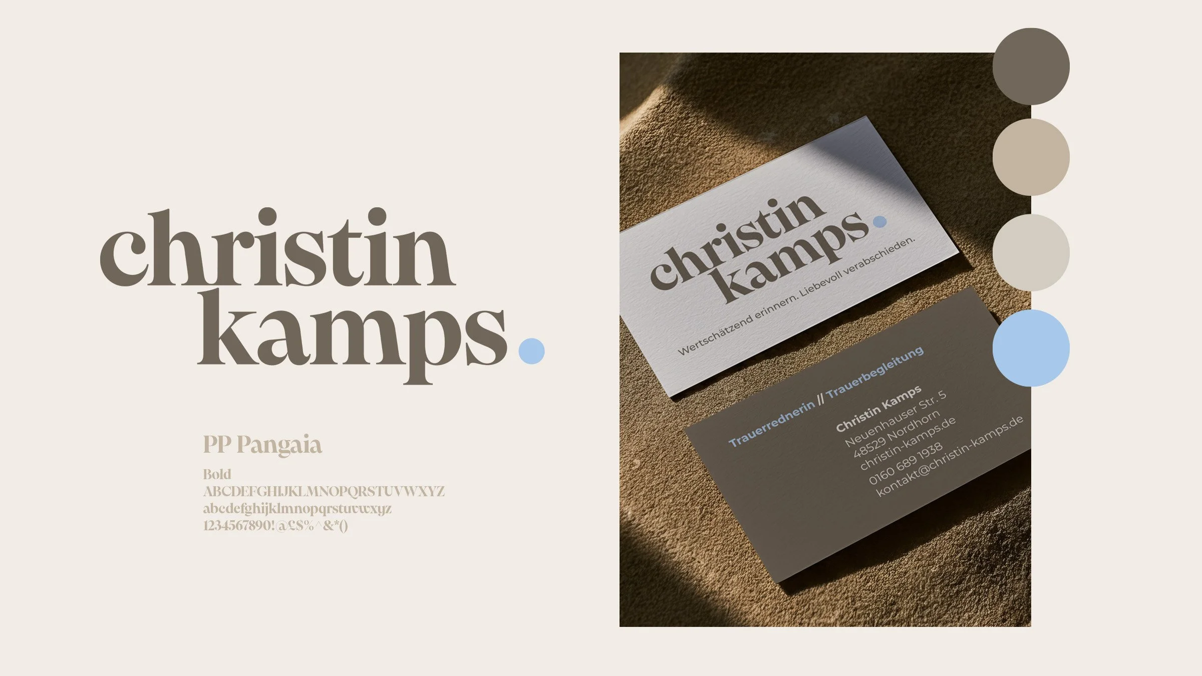Brand identity for Christin Kamps featuring a typographic logo, color palette and business card design.