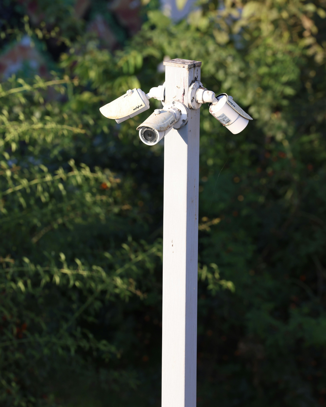 A tall white post with multiple old, weathered security cameras attached to it in an outdoor setting with green foliage in the background.