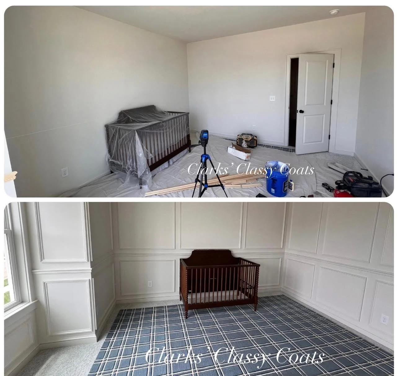 Nursery before and after decorative wall molding and painting