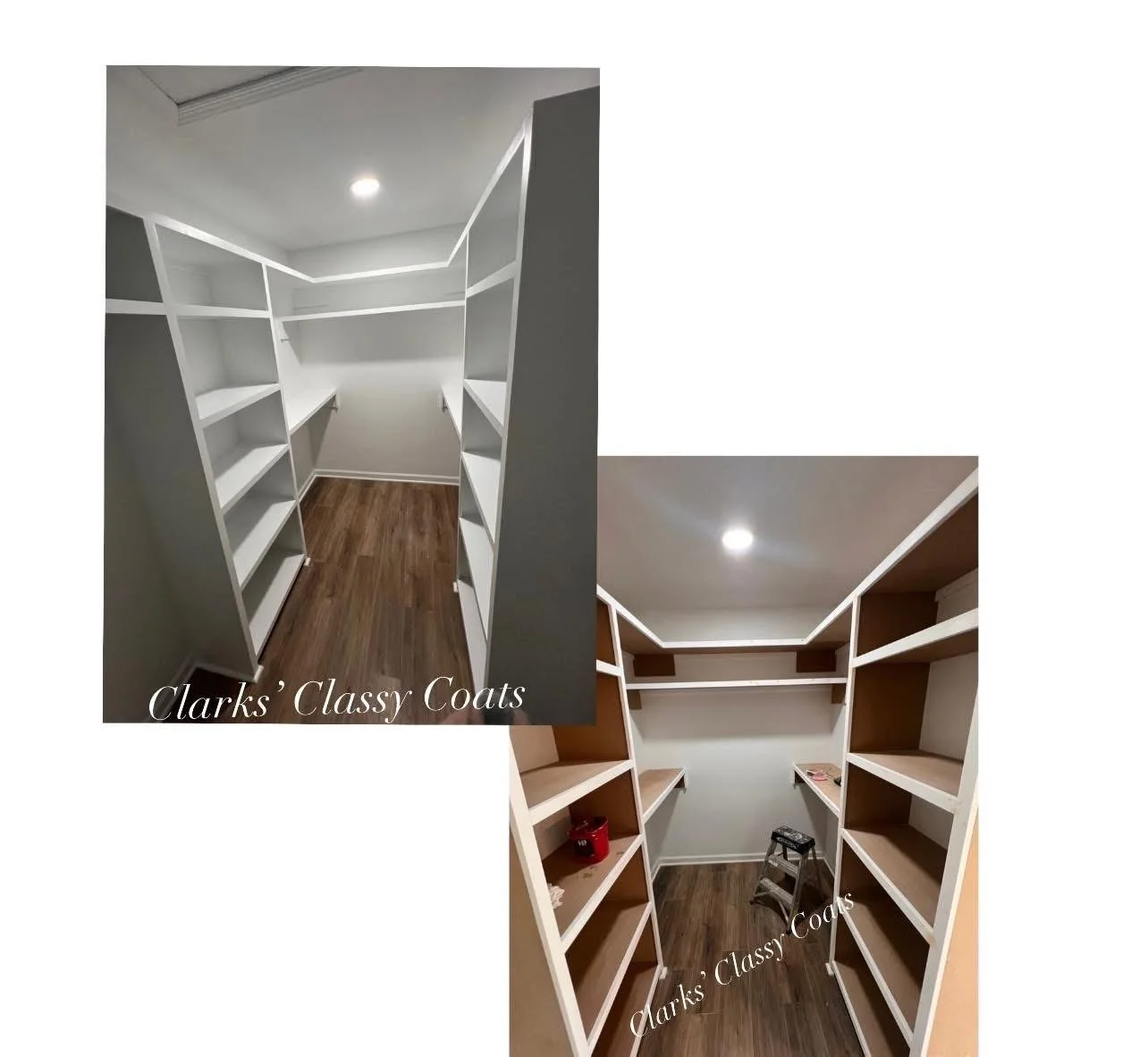 Custom closet shelving during installation and after white paint
