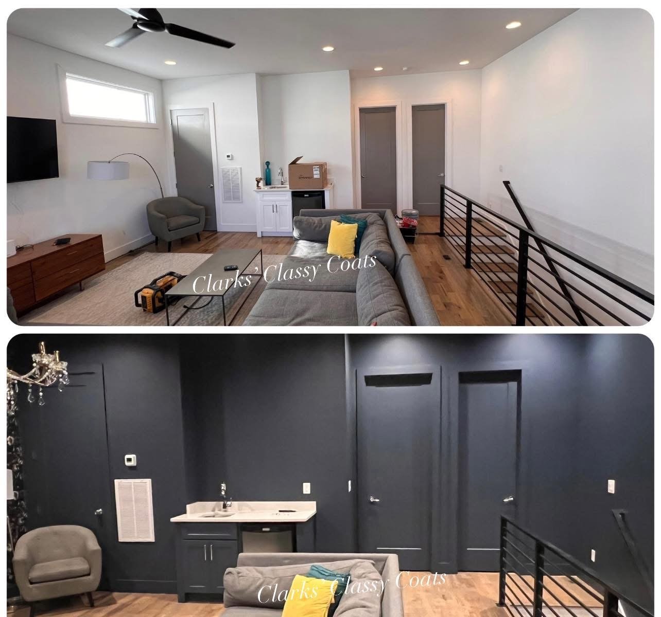 Living room before and after a rich charcoal painted finish