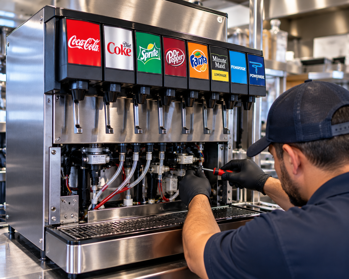 Technician repairing a commercial soda fountain beverage dispensing machine.