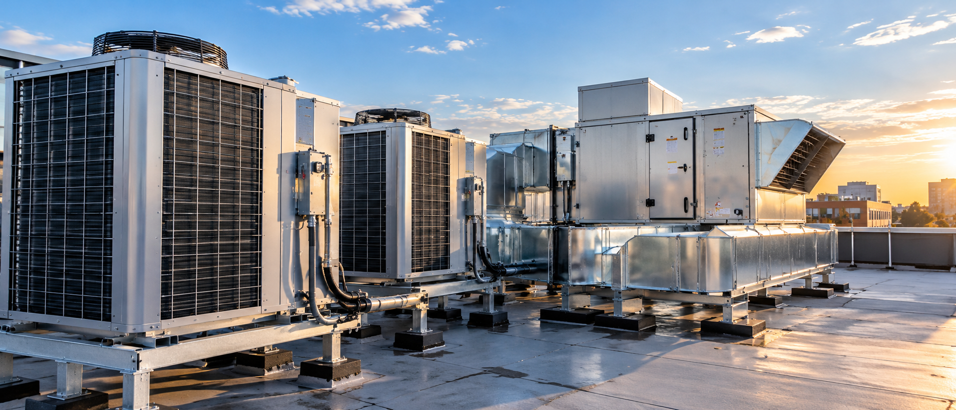 Commercial rooftop HVAC equipment, air-conditioning units, ventilation systems, and ductwork.