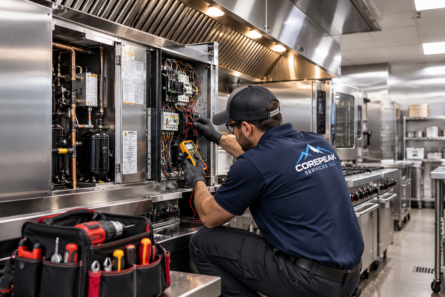 CorePeak Services LLC technician performing preventive maintenance on commercial kitchen equipment.