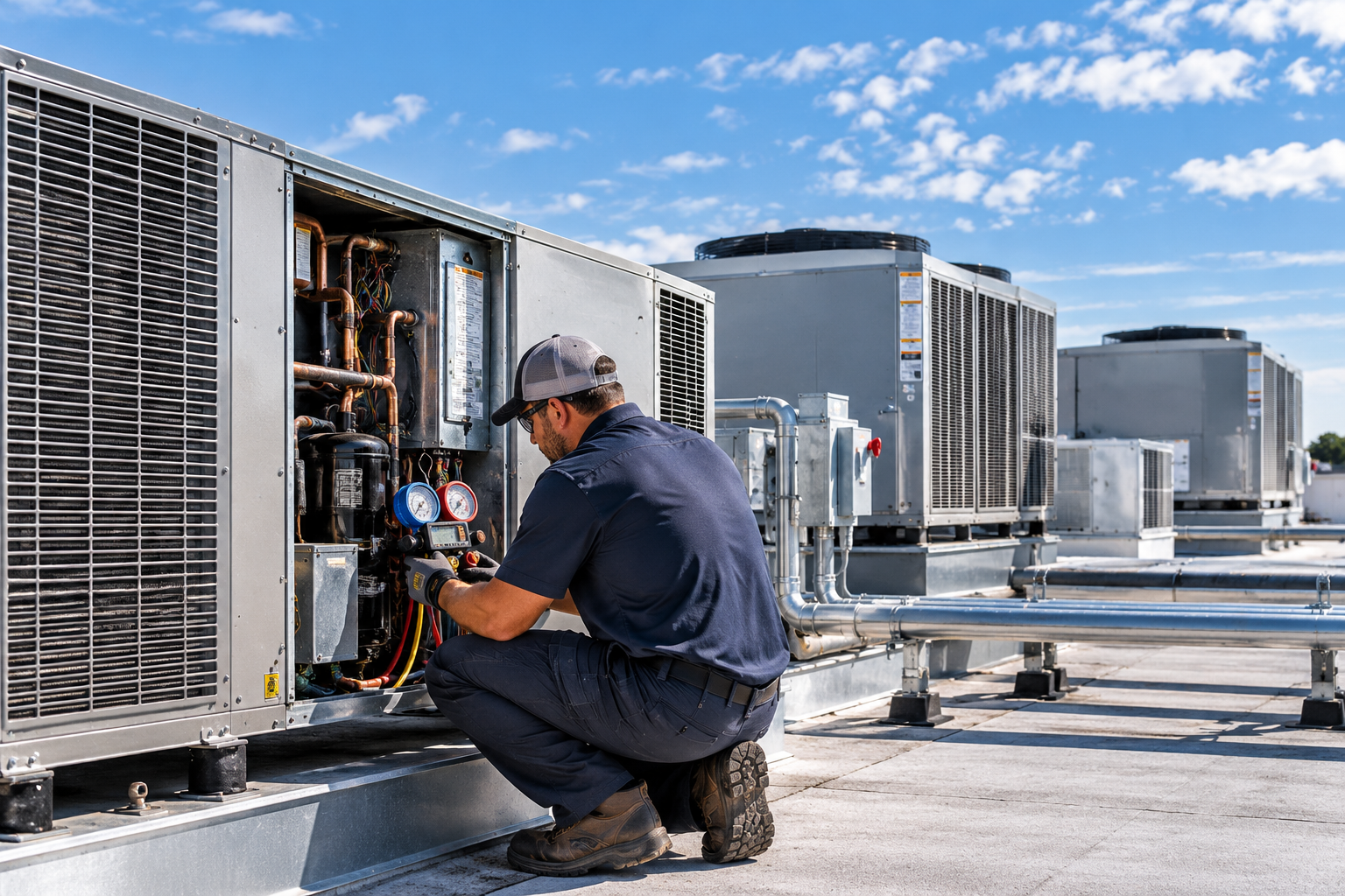 Technician servicing a commercial rooftop HVAC system — CorePeak Services LLC
