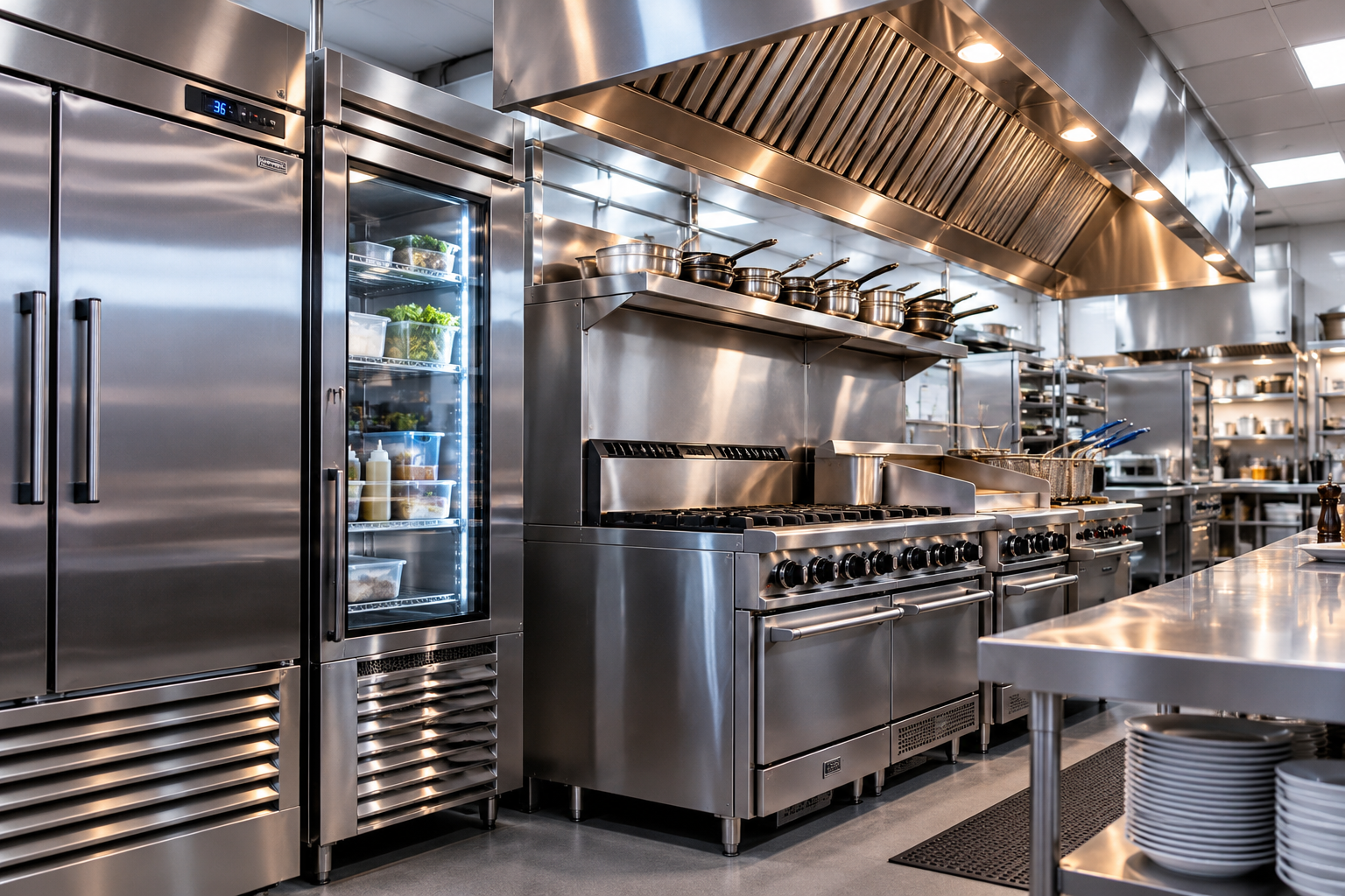 Commercial restaurant kitchen featuring professional refrigeration, cooking equipment, and stainless steel appliances serviced by CorePeak Services LLC.